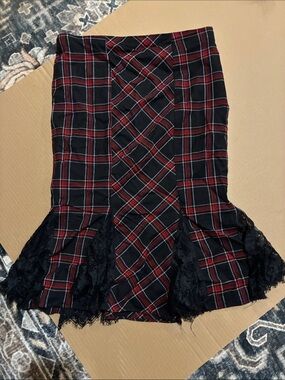 bebe Black and Red Plaid Pencil Skirt with Lace Hem